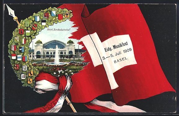 Ansichtskarten: Basel, Eidg. Musikfest 1909, Bundesbahnh – Gebraucht aus Berlin von bartko-reher