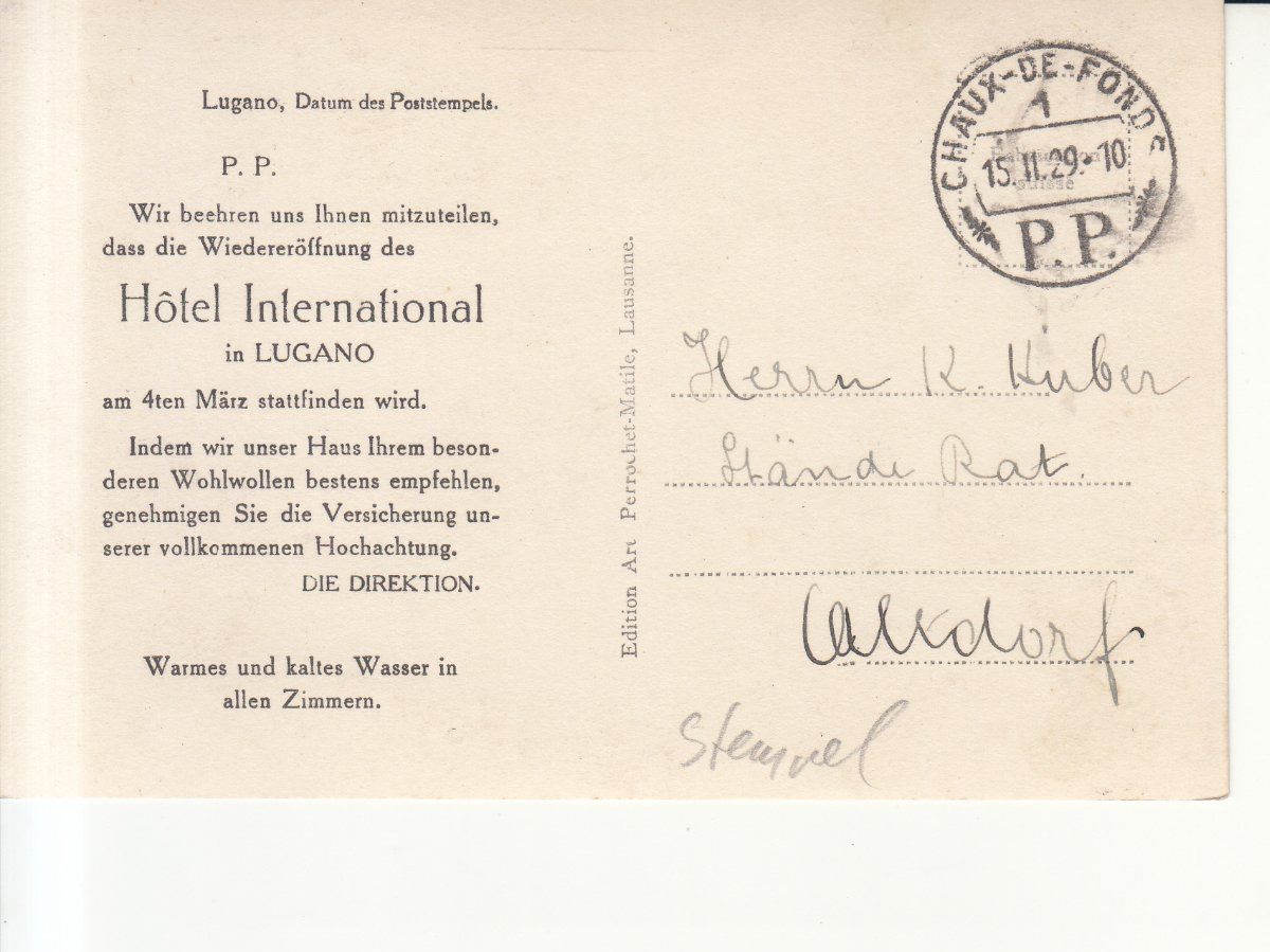 Cartoline postali: Lugano Hotel International 1929 – Usato da Bürglen TG venduto da StampGraf 1