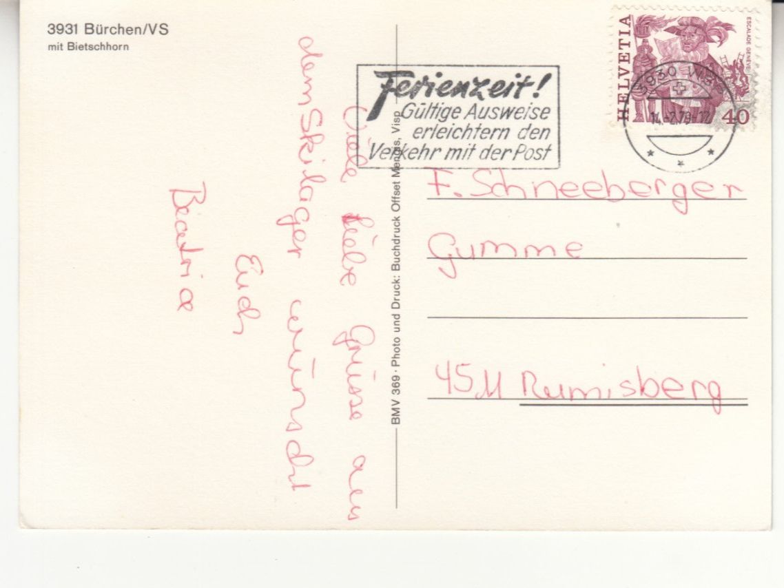 Ansichtskarten: Bürchen 1979 – Gebraucht aus Bürglen TG von StampGraf 1