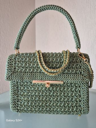 Borsa artigianale all'uncinetto color salvia, nuova!