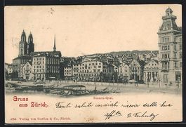 AK Zürich, Sonnen-Quai mit Kirche, 1899