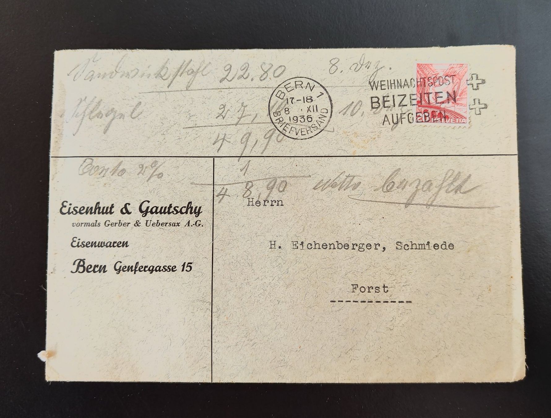 Buste & buste per spedizione: Couvert Eisenhut & Gautschy Bern 1936 – Usato da Lenzburg venduto da Dani_Lenzburg