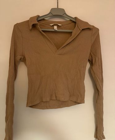 H&M Ripp-Shirt Langarm Kragen Gr. XS Braun 