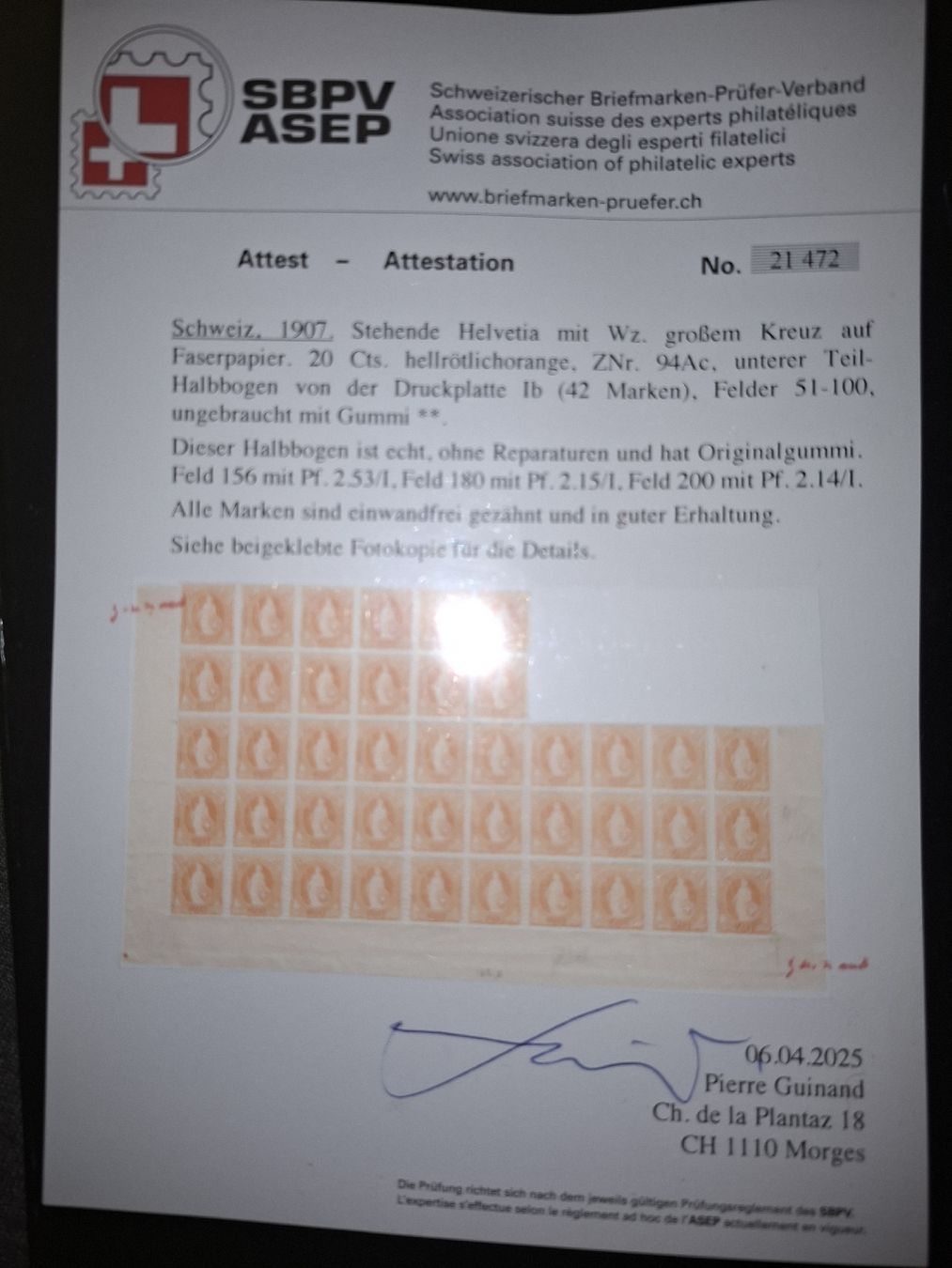 Alle Briefmarken: Stehende Helvetia Teil Bogen 94Ac. mit Attest  – Gebraucht aus Balgach von SIMEON27