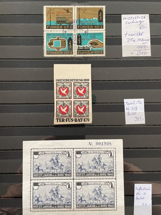 Tutti i francobolli: Timbres militaires: 13 blocs / feuillets cote environ 500.- – Usato da Bôle venduto da Frouz