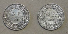 2 x Fr. 2.-  1931 und 1932  Silber