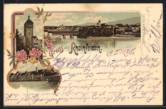 Cartes postales: Litho Rheinfelden, Teilansicht mit Brüc – D'occasion à Berlin par bartko-reher