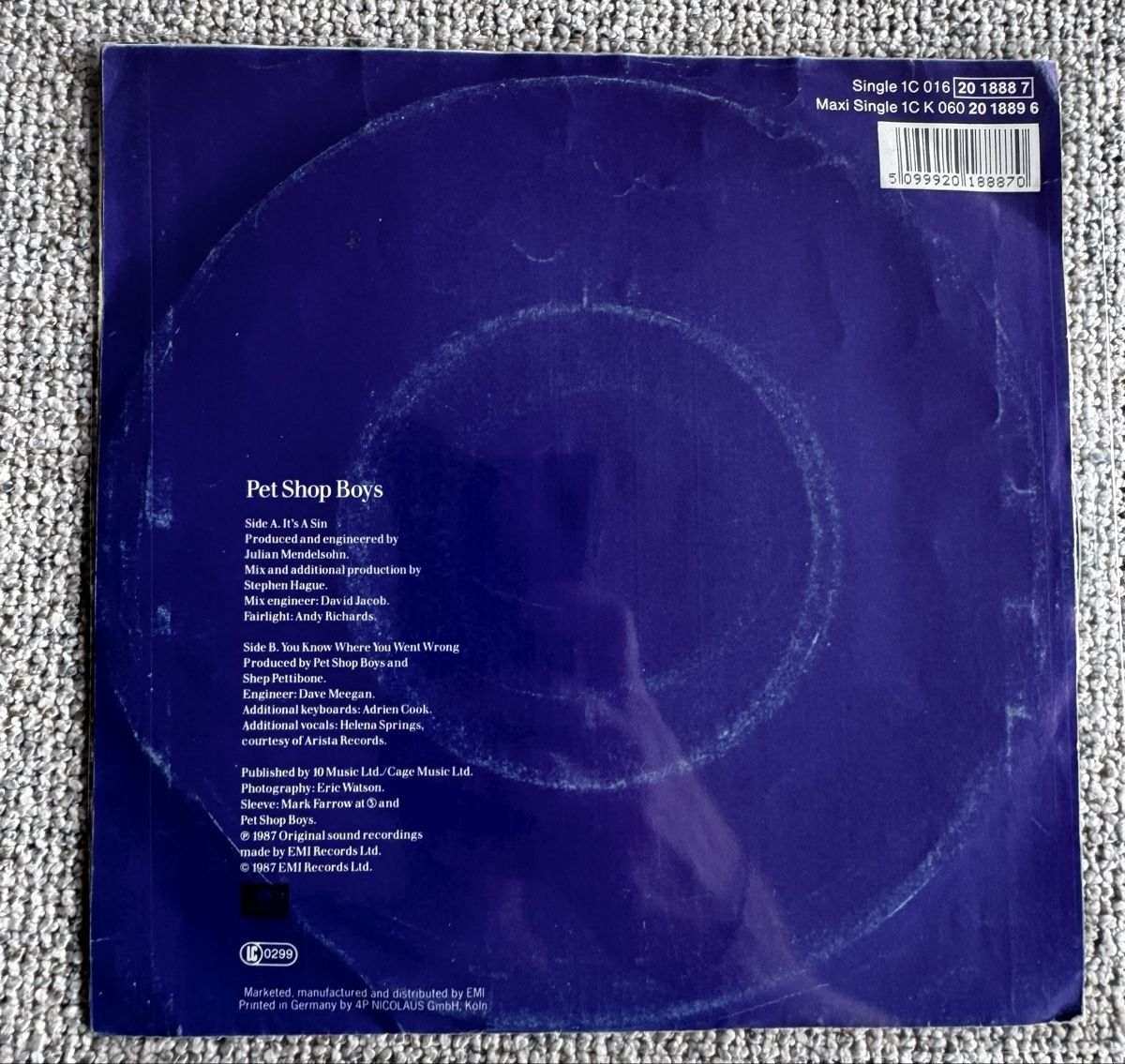Dischi in vinile: Pet Shop Boys - It's a Sin - 7" Single - 80s – Usato da Rorbas venduto da BlackstarRecords 1