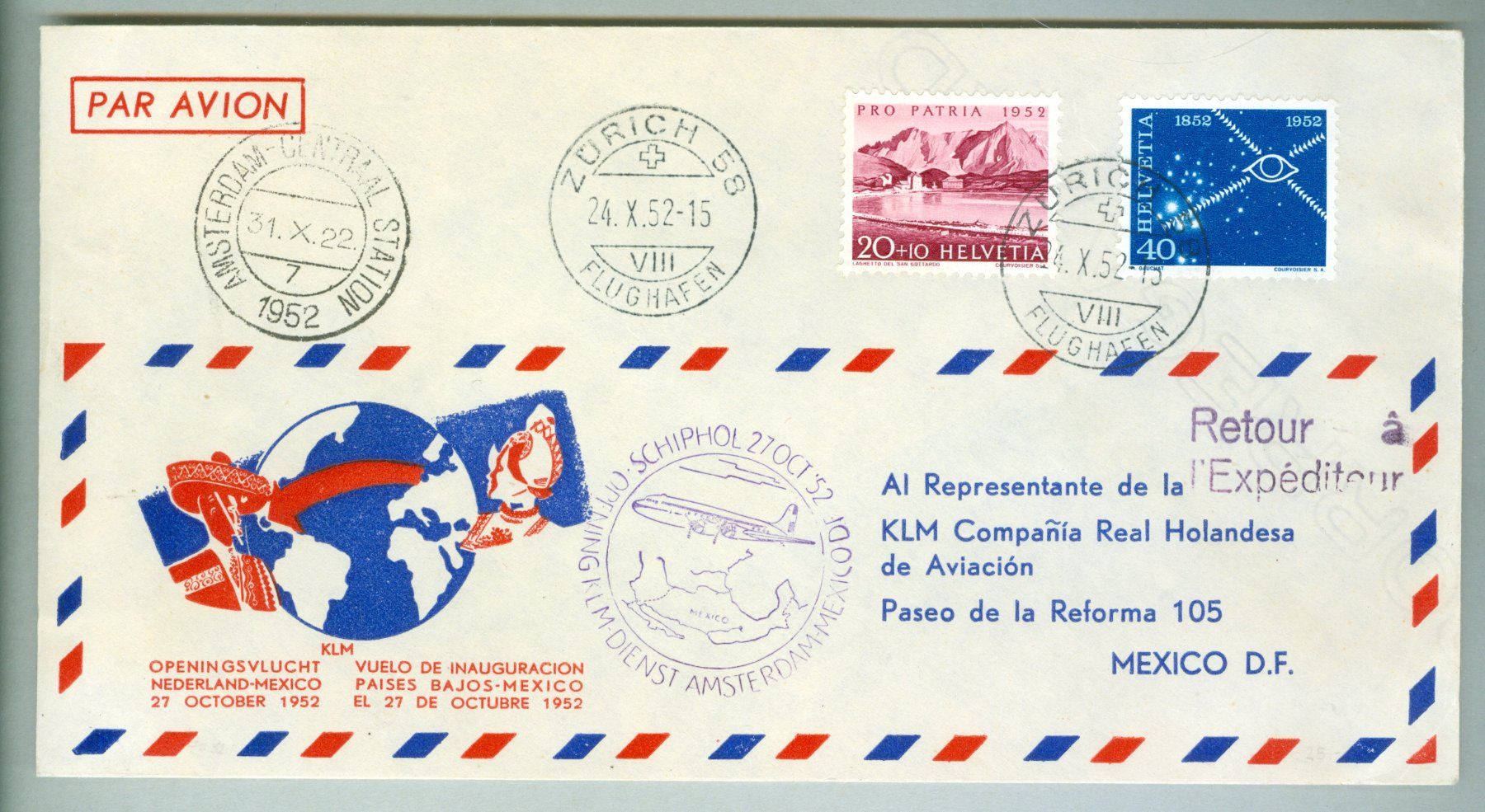 Tutti i francobolli: 1952 Schweiz Flugpost FF – Usato da Zürich venduto da yago-rot