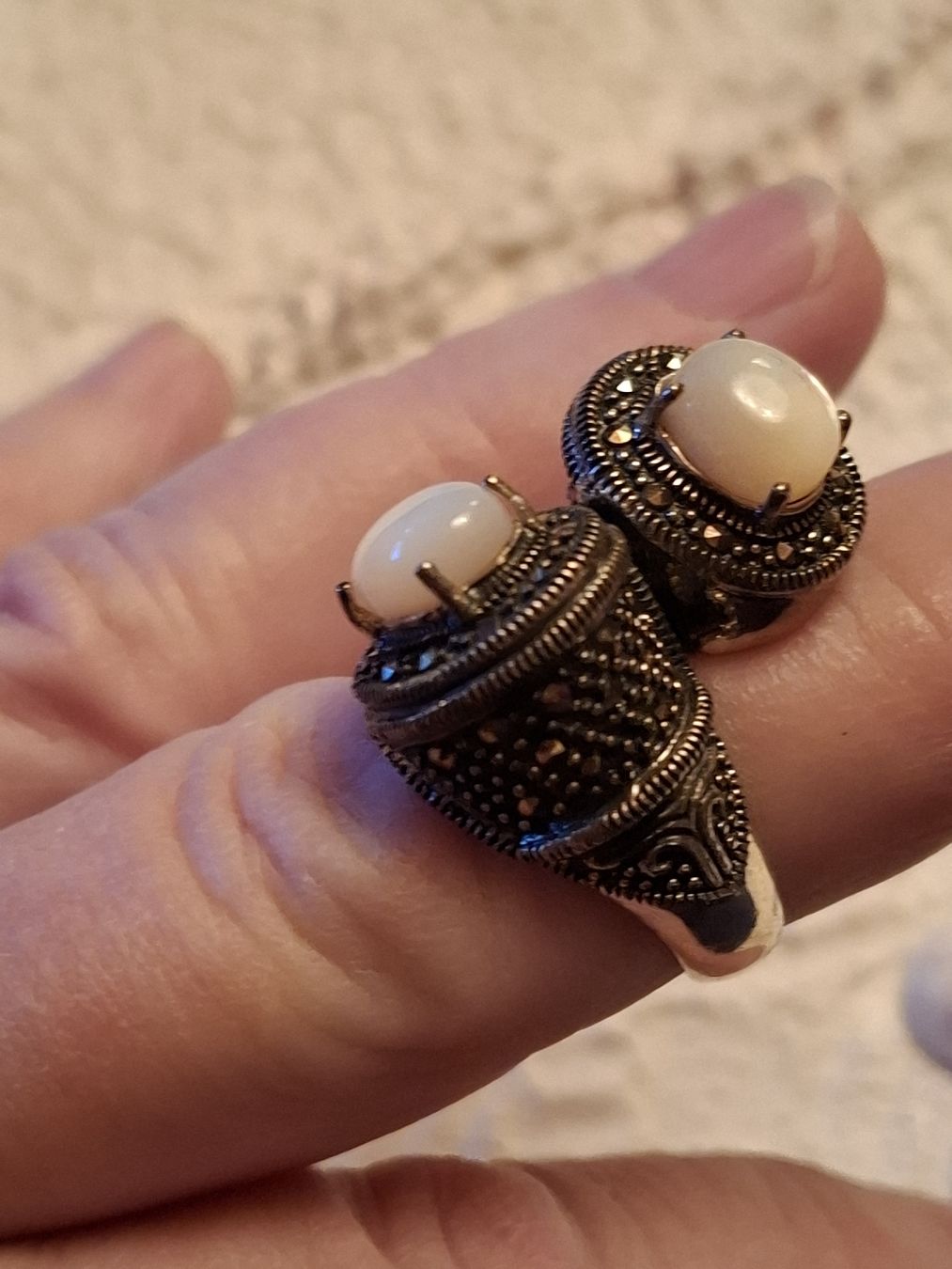 Ringe: VINTAGE RING AUS STERLINGSILBER MIT PERLMUTT &  MARKASIT – Neu (gemäss Beschreibung) aus Gretzenbach von schibaya 1