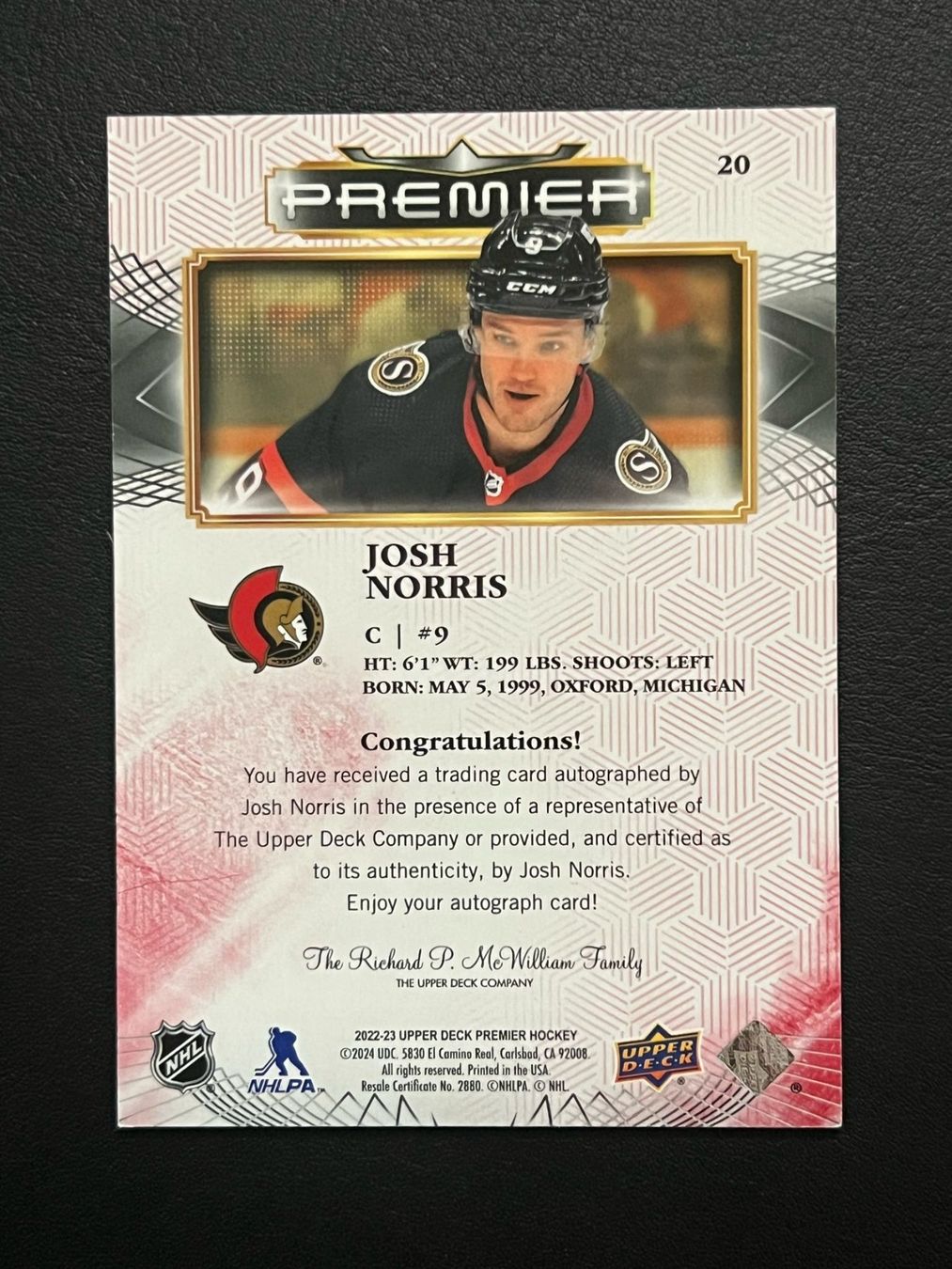 NHL Carte collezionabili: Josh Norris 2022 Premier Auto Ottawa Senators – Nuovo (secondo la descrizione) da Möhlin venduto da SwissHockeyCards 1