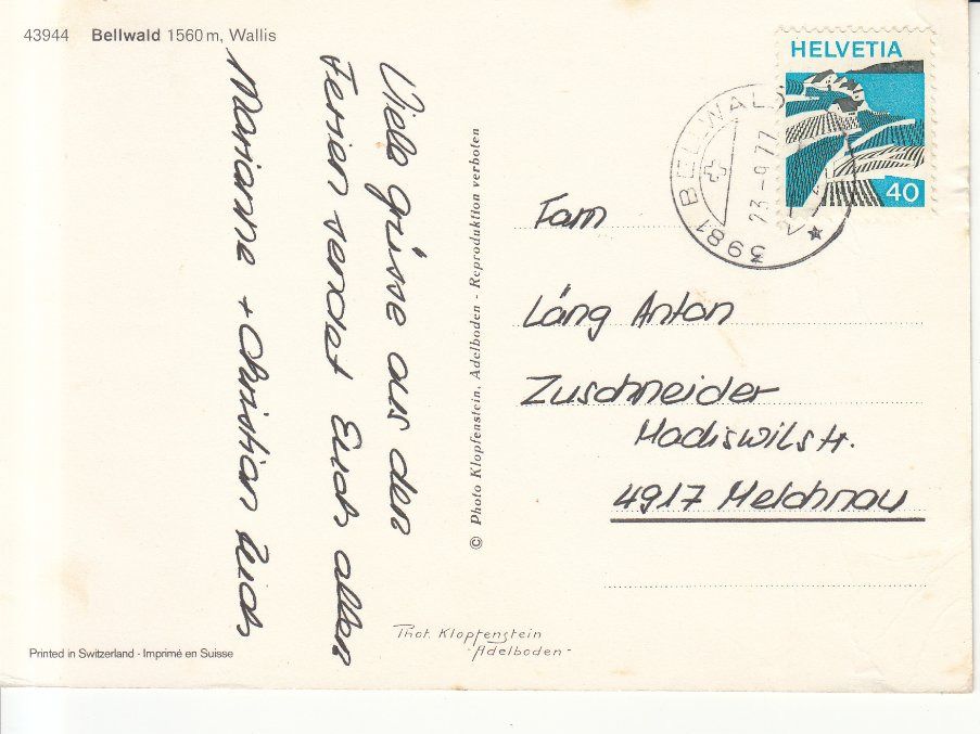 Cartoline postali: Bellwald 1977 – Usato da Bürglen TG venduto da StampGraf 1