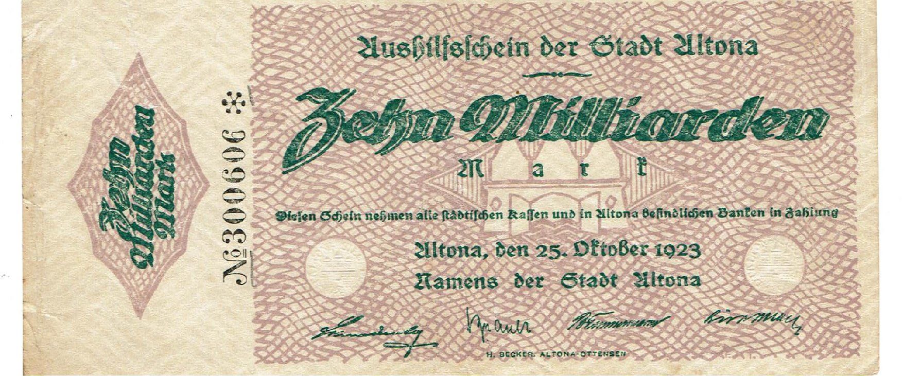 Banconote: Altona 10 Mrd.Mark 25.10.1923 SS++-VZ – Usato da Steffisburg venduto da ber_8htf