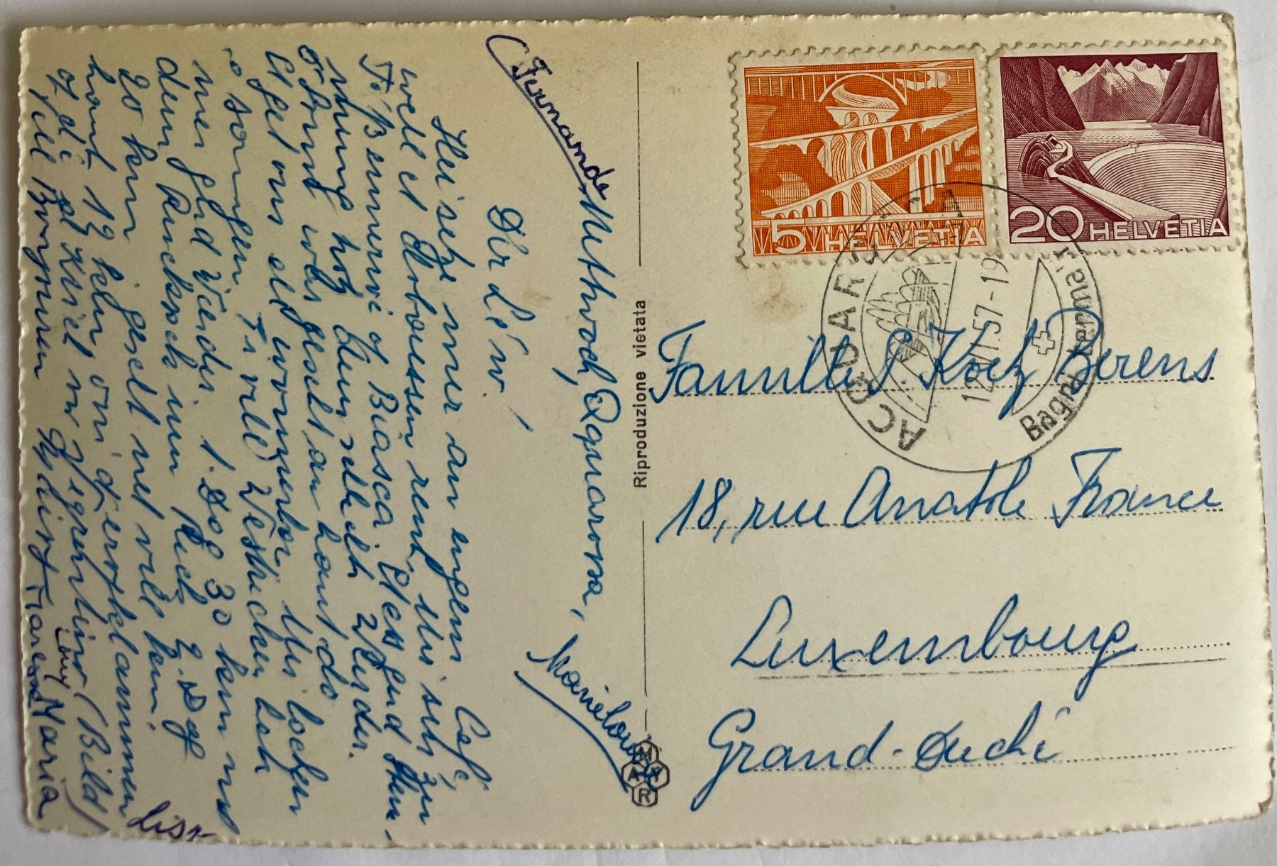 Cartoline postali: VALLE BLENIO - ACQUAROSSA - 1957 – Usato da Lutry venduto da Ediego 1