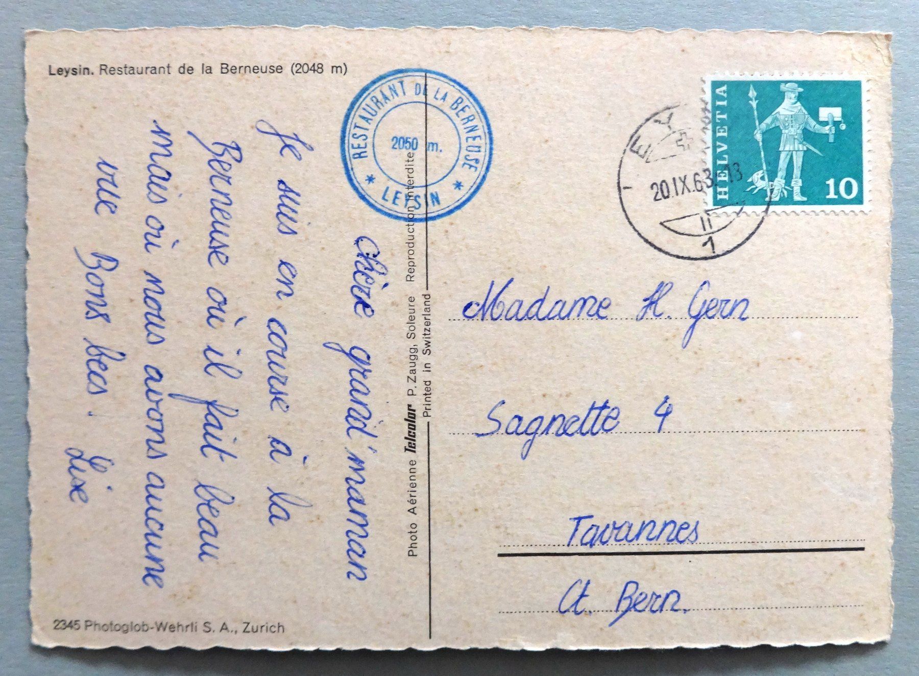 Cartoline postali: Leysin, Rest. de la Berneuse (2048 m) – Usato da Fétigny venduto da Billy2miny 1
