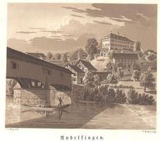 Andelfingen ZH Brücke Umgebung , Original Aquatinta von 1825