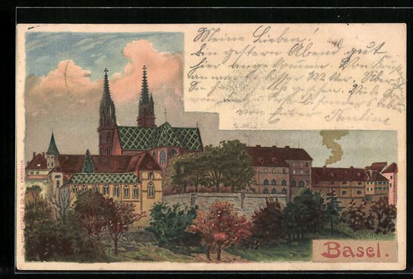 Cartoline postali: Basel, Ortspartie mit Kirche, 1899 – Usato da Berlin venduto da bartko-reher
