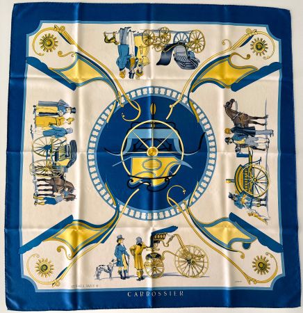 Superbe foulard HERMES-Paris "Carrossier" 1975 +box original