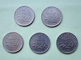 5x 1 Franc  France 1972, 1974, 1975, 1976, 1977