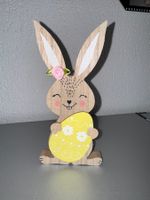 Dekoration für Ostern, glückliche Häsin mit Osterei