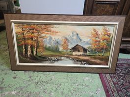Ölgemälde Alpenlandschaft mit Hütte signiert S. Delnon