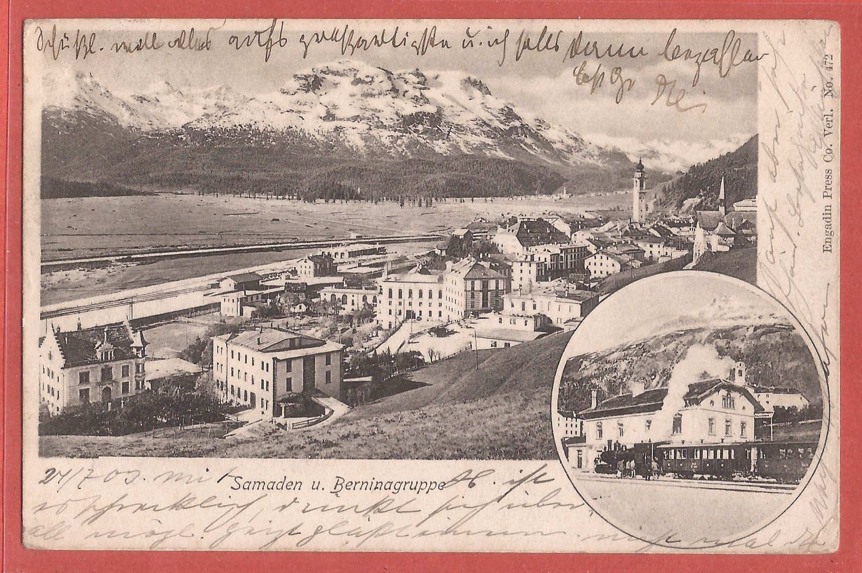 Cartoline postali: Samaden mit Bahnhof und RhB-Berninabahn - 1903 – Usato da Fislisbach venduto da Porano