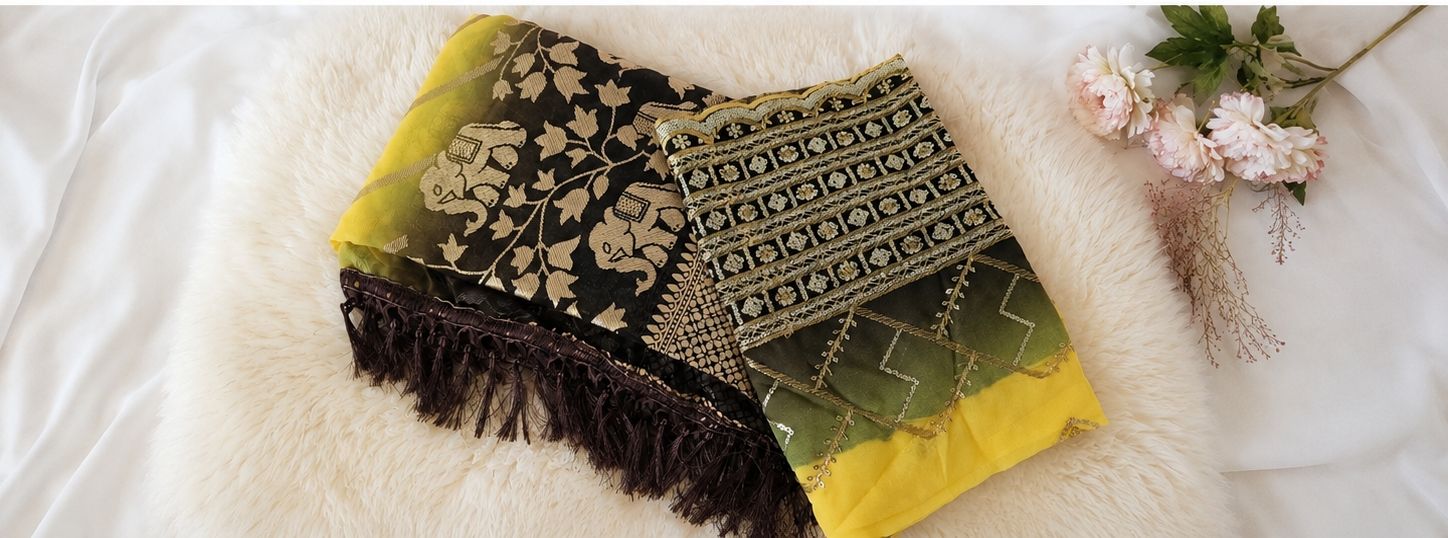 Vestiti: Georgette green saree elephant – Nuovo e nell'imballaggio originale da Les Acacias venduto da minnie6