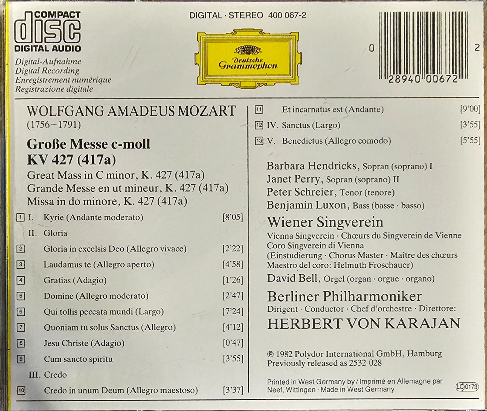 CD: Mozart, Barbara Hendricks - Grosse Messe C-Moll = Great Mass – Usato da Wahlen b. Laufen venduto da Cg10 1