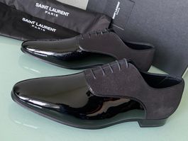 SAINT LAURENT Tuxedo Schwarz Suede Patent Leder Schuh 43 NEU