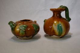 2 Keramikfiguren Vintage Kanne und Topf braun-grün