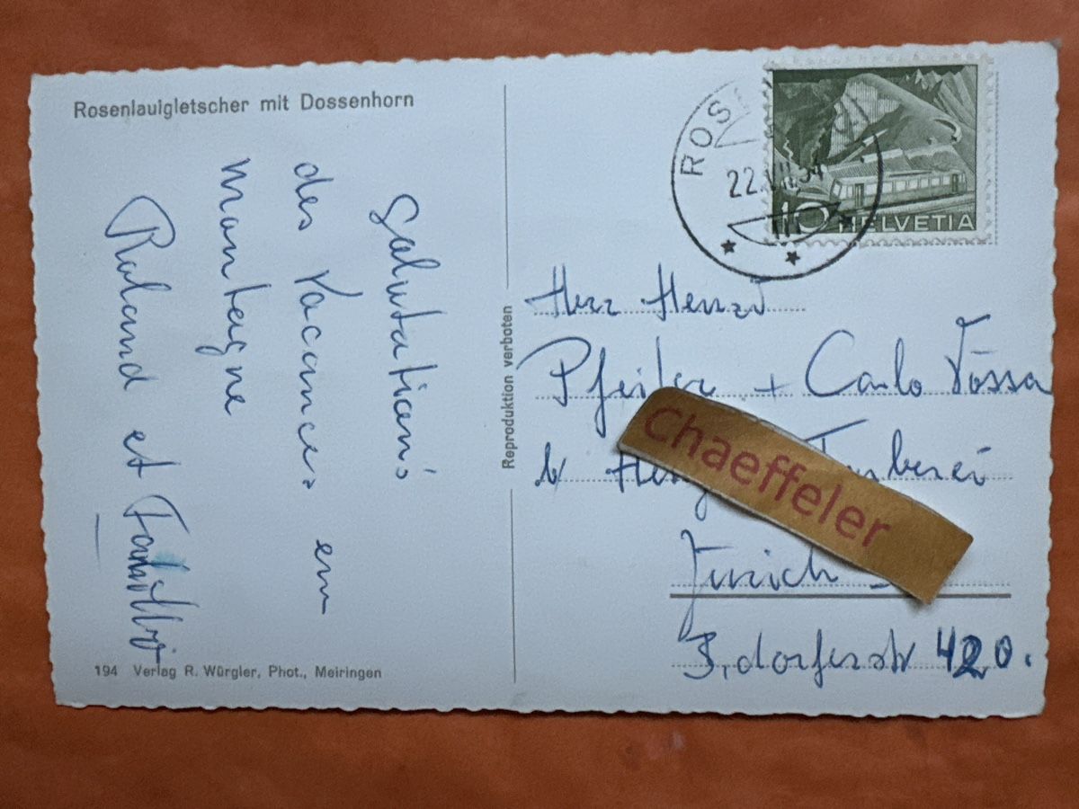 Cartoline postali: 1954 Rosenlauigletscher mit Dossenhorn – Usato da Zürich venduto da Chaeffeler 1