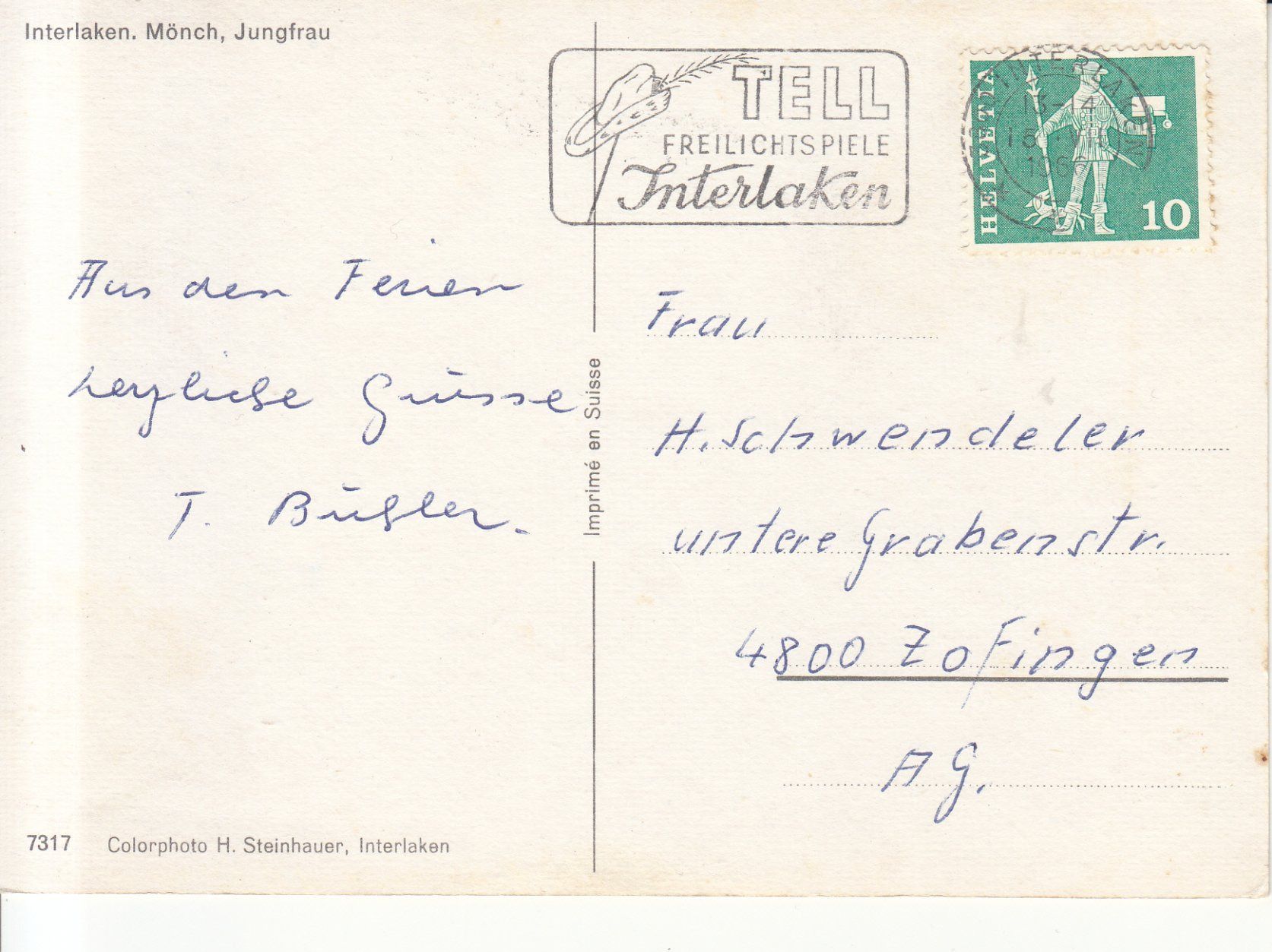 Ansichtskarten: Interlaken 1966 – Gebraucht aus Bürglen TG von StampGraf 1