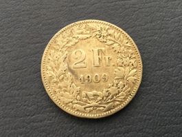 Sehr schöne 2 Franken 1909 silber ss+ / -vz