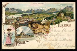 Lithographie Luzern, Ansicht vom Gütsch, Trachtenfrau, Bahnh