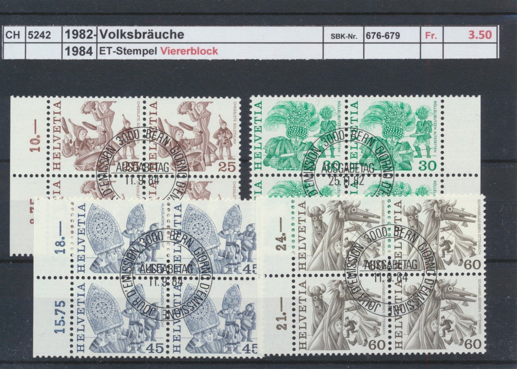 Tutti i francobolli: 1982/84 "Volksbräuche", Viererblock, ET - Stempel – Usato da Winterthur venduto da Zupogeru