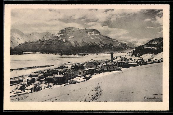 Cartoline postali: AK Samaden, Ortsansicht mit Kirche – Usato da Berlin venduto da bartko-reher