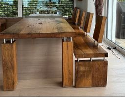 Massiver Eichenholztisch mit Sitzbank&Design Elementen,Antik