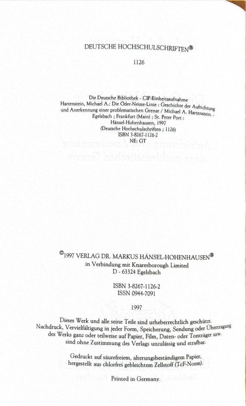 Libri: Hartenstein Michael A., Die Oder-Neisse-Linie – Nuovo (secondo la descrizione) da Sarnen venduto da Livres 2