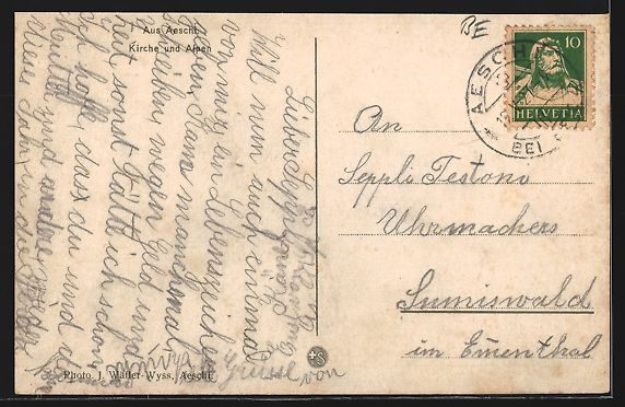 Cartoline postali: Aeschi, Totalansicht mit Kirche u. Berge – Usato da Berlin venduto da bartko-reher 1