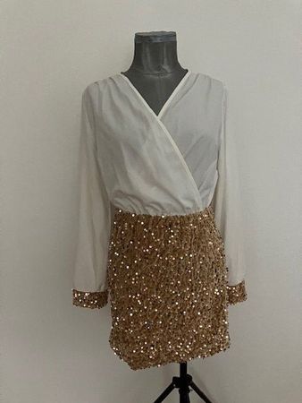 Robe à paillettes dorées et manches longues, taille 38