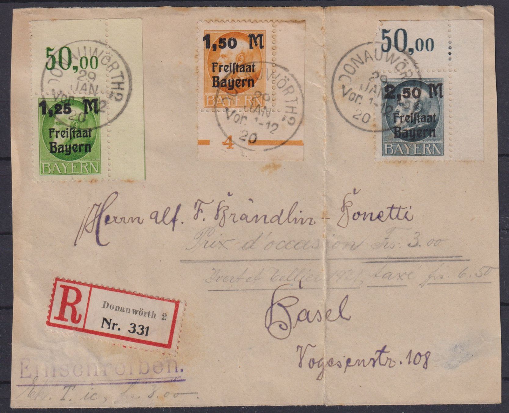 Tutti i francobolli: Bayern 1920: Briefvorderseite nach Basel – Usato da Eschlikon TG venduto da PhilCon