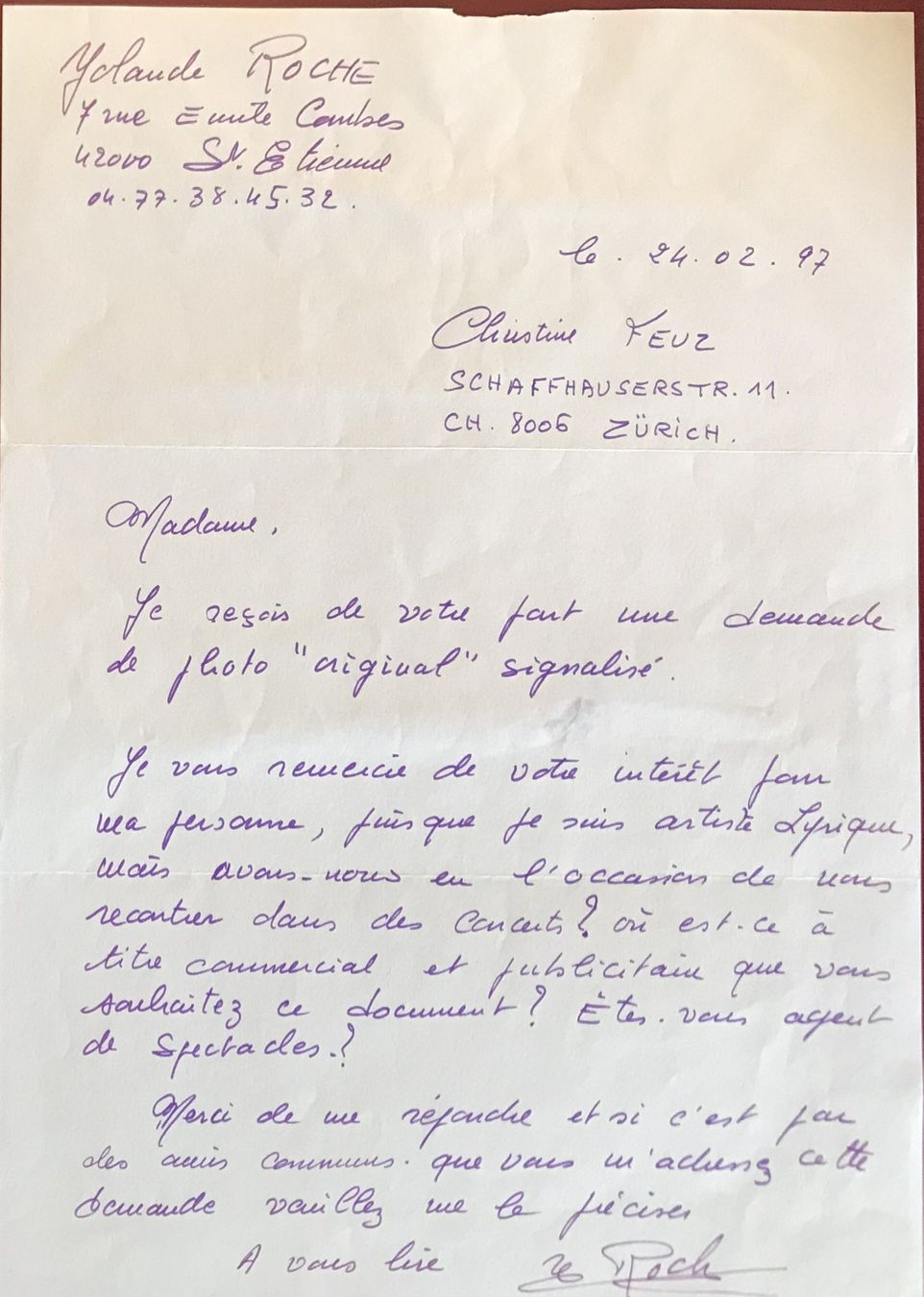 Autographes: Yolande Roche Autogramm Brief A4 20x30cm – D'occasion à Bischofszell par Gottselig