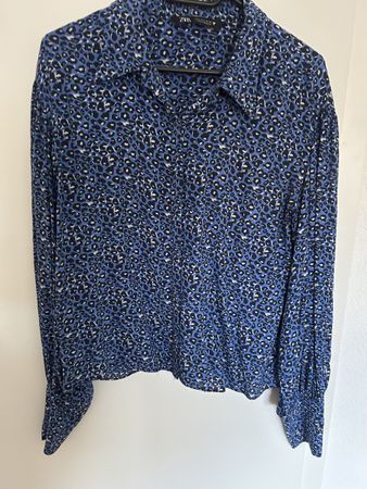 Zara Blue Animal Print Blouse - Size M, Long Sleeves