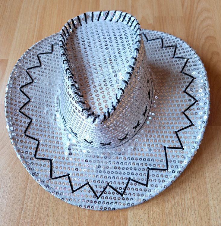 4x Weiße Cowboyhüte Mit Pailletten - Western Filzhüte Verstellbar