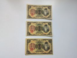 3 x Seltene 1 Yen Korea von 1945 2. Weltkrieg Währungsnote