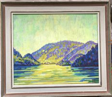 Gemälde - Öl auf Leinwand - Rheinlandschaft - O. Leu '57