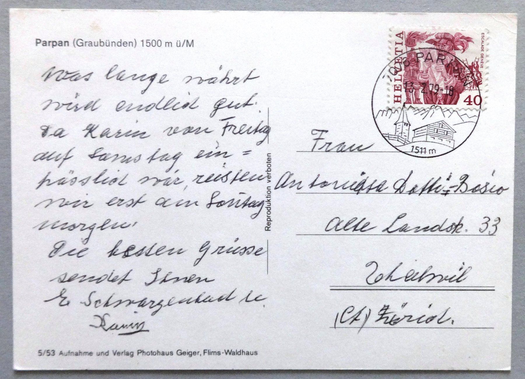 Ansichtskarten: Parpan 1500 m ü.M. – Gebraucht aus Fétigny von Billy2miny 1
