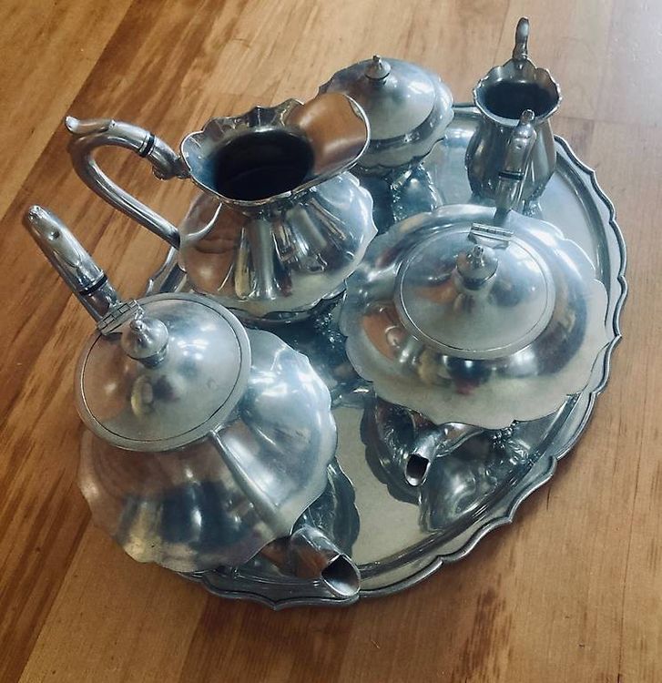 Service à Café En Étain Pour 8 Personnes - Tasses Et Cuillères Incluses