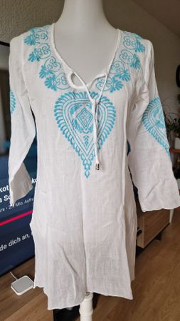 White Beach Tunic Dress with Blue Embroidery