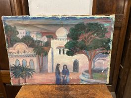 Peinture vintage signée J.Schia, ambiance méditerranéenne